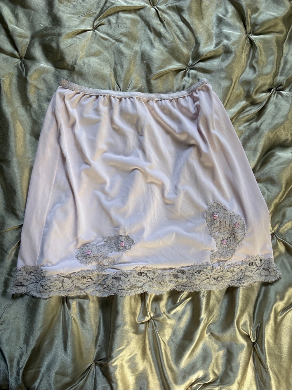 Light Pink Lace-Trim Half Slip with Floral Embroidery